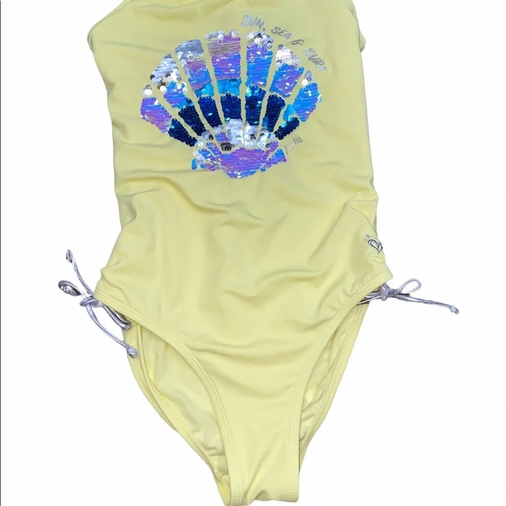 Justice yellow one piece swimsuit sequin shell Sun sea and surf size 16